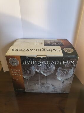 Set Of 6 Living Quarters Etched Goblets Clear 16 Oz Drinkware Open Box Vintage